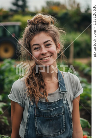 Caucasian female farmer in overalls Standing in front of a tractor in a vegetable field. 113126636