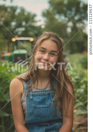 Caucasian female farmer in overalls Standing in front of a tractor in a vegetable field. 113126637