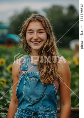Caucasian female farmer in overalls Standing in front of a tractor in a vegetable field. 113126638