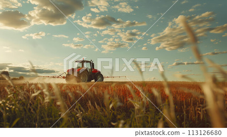 A tractor is spraying pesticides on a vegetable field. 113126680