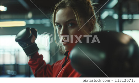Caucasian woman in exercise clothes punching a punching bag in the gym. 113126713