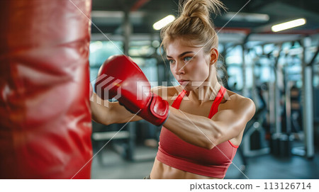 Caucasian woman in exercise clothes punching a punching bag in the gym. 113126714