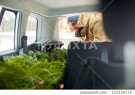 Bearded man loading christmas tree into the trunk of his car, inside view. Hipster puts fir tree into the back of his hatchback. Convertible auto interior with practical folding seats for boot space. Bearded man loading christmas tree into the trunk of his car, inside view. Hipster puts fir tree into the back of his hatchback. Convertible auto interior with practical folding seats for boot space. 113126715