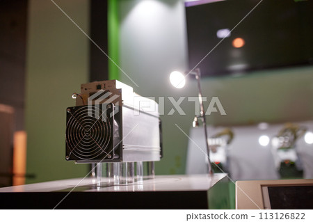 Cryptocurrency mining equipment - ASIC - application specific integrated circuit on farm stand Cryptocurrency mining equipment - ASIC - application specific integrated circuit on farm stand 113126822