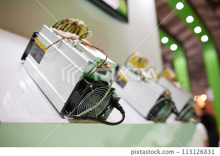 Cryptocurrency mining equipment - ASIC - application specific integrated circuit on farm stand 113126831