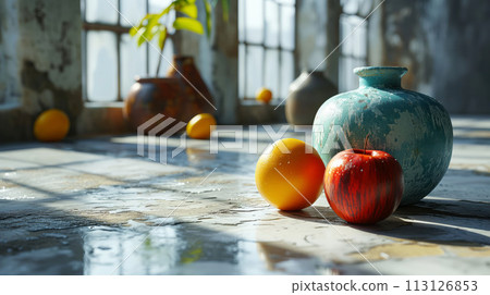 Fresh Apples Droplets on a Window Sill Bathed in Sunlight on Wooden Background 113126853
