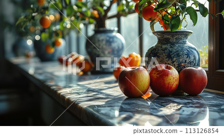 Fresh Apples Droplets on a Window Sill Bathed in Sunlight on Wooden Background 113126854