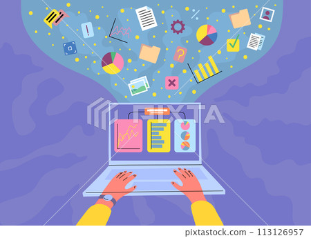 Cartoon Color Data Analytics Input Output Data Flat Design Style. Vector illustration of Database Visualization Concept Cartoon Color Data Analytics Input Output Data Flat Design Style. Vector illustration of Database Visualization Concept 113126957