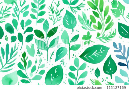 Vibrant green watercolor leaves and sprigs on a white background Vibrant green watercolor leaves and sprigs on a white background 113127169