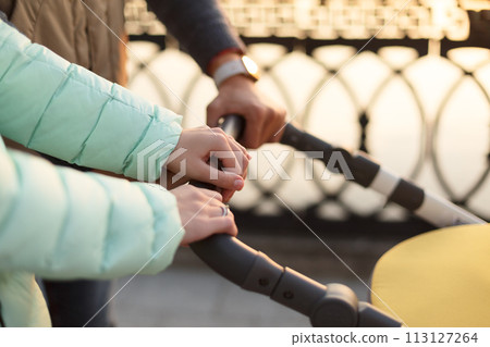 Close up of young loving family hands holding baby pram by the lake. Parents with stroller in autumn park on sunset. Love, parenthood, family concept. 113127264