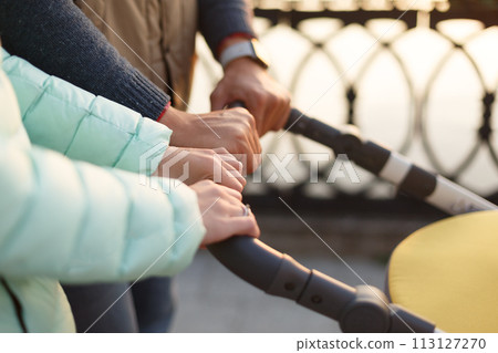 Close up of young loving family hands holding baby pram by the lake. Parents with stroller in autumn park on sunset. Love, parenthood, family concept. 113127270