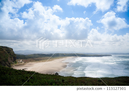 Xago beach view. Asturias coastline panorama, Spain Xago beach view. Asturias coastline panorama, Spain 113127301