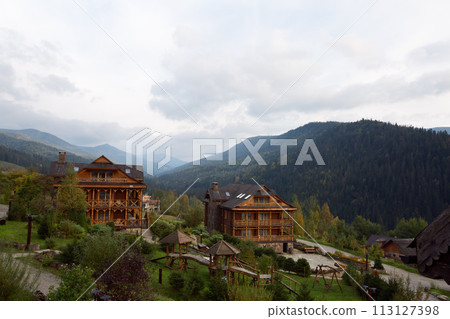 Vintage wooden houses in tourist centre with birch trees, autumn grasses and plants around. Alpain scenic of mountain resort in fir tree forest 113127398