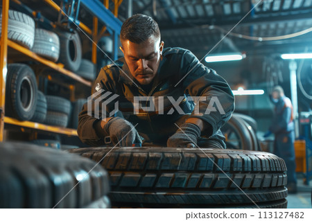 Mechanic Expertly Changing a Car Tire Mechanic Expertly Changing a Car Tire 113127482
