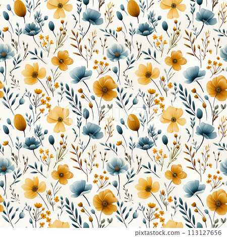 Yellow and Blue Flower Pattern on White Background Yellow and Blue Flower Pattern on White Background 113127656