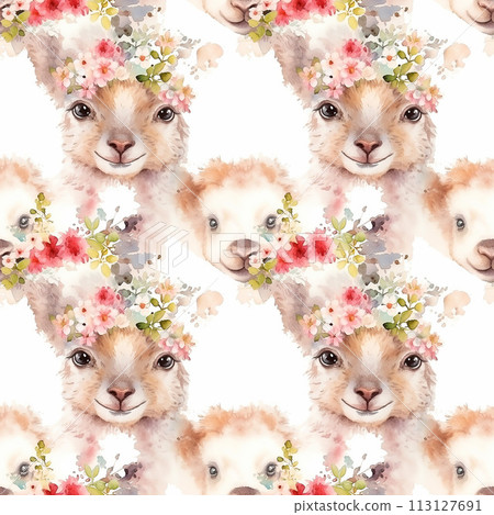Sheep With Flowers Watercolor Painting 113127691