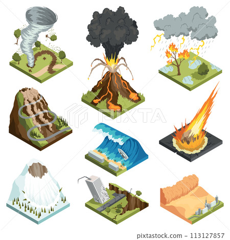 Isometric representation of natural disaster vector illustration set Isometric representation of natural disaster vector illustration set 113127857