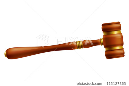 Wooden brown judge gavel, decision glossy mallet for court verdict. 3d realistic vector, isolated on white background. Auction hammer with gold on the stand. Law and justice system symbol 113127863