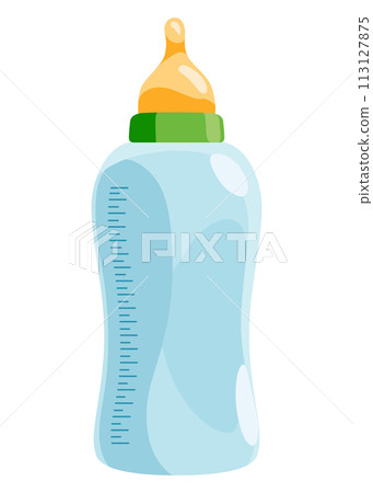 Baby healthy food in bottle. Kids meal icon, isolated on white background. Vector flat cartoon illustration of fruit and vegetable puree, porridge, milk and biscuits 113127875