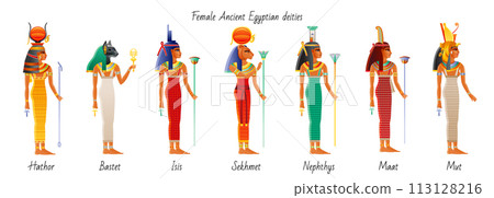 Egyptian goddess set. Ancient Egypt God girls. Queen vector. Mythology pharaoh woman characters. Cleopatre woman icon. Old Egyptian history goddess. Hathor Bastet Isis Sekhmet Nephthys Maat Mut 113128216
