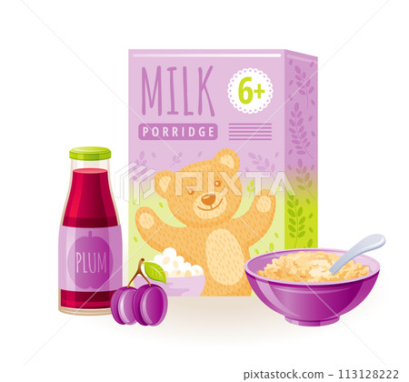 Baby food vector illustration. Milk porridge bowl with spoon, juice bottle, plum fruit. Prune baby food icon set. Healthy nutrition baby food. 3d Complementary product isolated illustration 113128222