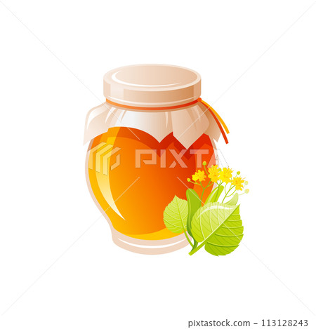 Honey jar cartoon vector icon. Glass transparent pot with linden tree honey. 3d honey jar. Cartoon Tilia blossom. Healthy nutrition vector icon. Organic ingredient for delicious natural breakfast 113128243