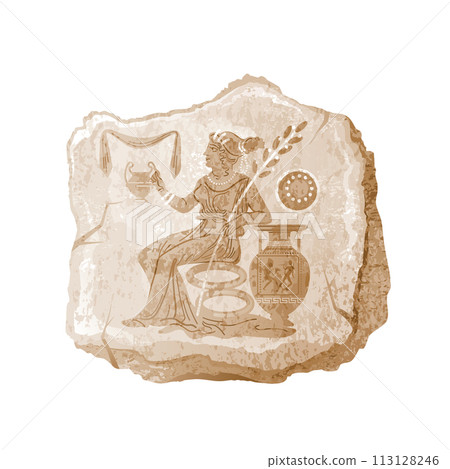 Ancient Greek vector. Greece goddess Demeter. Woman mythology drawing. Antique myth painting. Art icon illustration. Old historic background. Broken fragment of ancient greek pottery. Greece pattern Ancient Greek vector. Greece goddess Demeter. Woman mythology drawing. Antique myth painting. Art icon illustration. Old historic background. Broken fragment of ancient greek pottery. Greece pattern 113128246