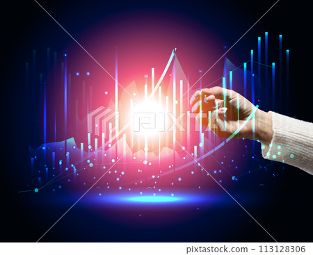 Virtual neon graph and female hand, profit analysis and sales growth dynamics Virtual neon graph and female hand, profit analysis and sales growth dynamics 113128306