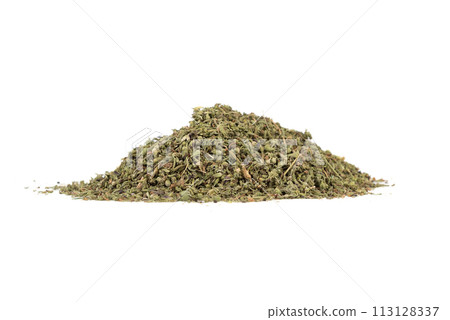 A bunch of dried thyme leaves on a white background. 113128337