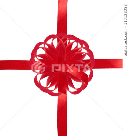 Red ribbon with a cross and a bow on an isolated backgroun Red ribbon with a cross and a bow on an isolated backgroun 113128358