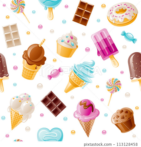 Dessert Pattern. Sweet vector cartoon seamless background. Ice cream cone, candy, cupcake, donut, chocolate wallpaper. Cute illustration. Birthday party sugar food. Trendy summer print Dessert Pattern. Sweet vector cartoon seamless background. Ice cream cone, candy, cupcake, donut, chocolate wallpaper. Cute illustration. Birthday party sugar food. Trendy summer print 113128458