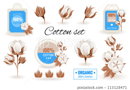Eco Cotton label design flower set. 100 bio organic cotton tag icon. Bud, leaf element. 3d realistic sticker. Textile production fashion logo. Cartoon vector illustration isolated white background 113128471
