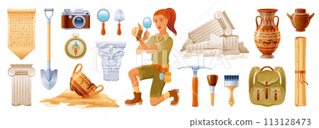 Archaeologist cartoon vector. Archeology ancient history flat icon set. Fossil, pottery, column artifact. Dig excavation tool, brush. Greek Egypt archaeology illustration. Archeologist 3d collection 113128473