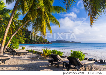 Cote D'Or Beach, Praslin island, Seychelles. Seaside view 113128563