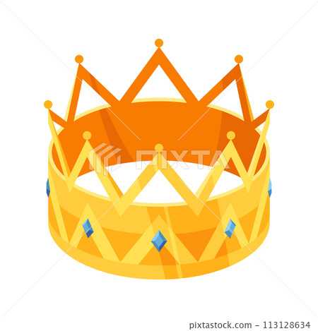 Isometric golden crown. Royal gold headdress for monarch, king or queen with luxury colored gemstones. Vector 3d jewelry isolated on white background 113128634