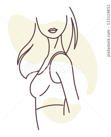 Female body. Sensual woman. Body positivity, self love, femininity concept. Character wears underwear, bra. Linear flat vector illustration on white background 113128652