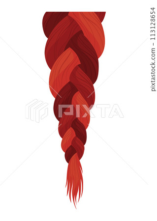 Hair braid. Long female fashion plait. Vector illustration of human hair in natural color. Cartoon art illustration with ribbon isolated on white background Hair braid. Long female fashion plait. Vector illustration of human hair in natural color. Cartoon art illustration with ribbon isolated on white background 113128654