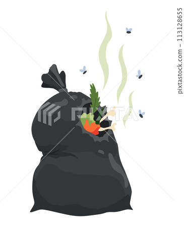 Garbage or waste icon. Plastic garbage container with unsorted trash. Rubbish bag that smells ugly and started to decompose. Ecology and environment concept. Isolated on white background Garbage or waste icon. Plastic garbage container with unsorted trash. Rubbish bag that smells ugly and started to decompose. Ecology and environment concept. Isolated on white background 113128655