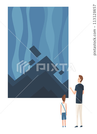 Art gallery with visitors looking at paintings vector flat illustration. People at the exhibition cartoon characters in modern art style Art gallery with visitors looking at paintings vector flat illustration. People at the exhibition cartoon characters in modern art style 113128657