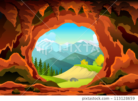 Cave landscape. Summer nature scene of cave entrance. Prehistoric dungeon, rock cavern game illustration. Vector illustration of tunnel in mountain or mine in rocks Cave landscape. Summer nature scene of cave entrance. Prehistoric dungeon, rock cavern game illustration. Vector illustration of tunnel in mountain or mine in rocks 113128659