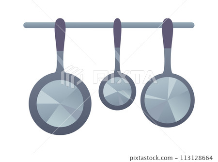 Hanging pans. Kitchen utensils. Set of frying pan of different sizes 113128664