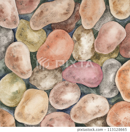 Pebbles in watercolor. Illustration underwater rocks in earthy tones, undersea ornament for wallpaper, printing, backgrounds. Colorful gravel artwork Pebbles in watercolor. Illustration underwater rocks in earthy tones, undersea ornament for wallpaper, printing, backgrounds. Colorful gravel artwork 113128665