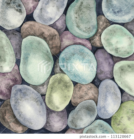 Pebbles in watercolor. Illustration multicolored underwater rocks, undersea ornament for wallpaper, printing, backgrounds. Colorful gravel artwork 113128667