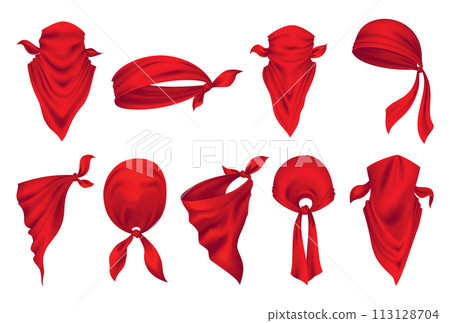 Red realistic bandana on neck. Youth fashion neck scarf or cowboy garment element template. Biker face scarf, bandanna neck shawl. Blank handkerchief unisex uniform. Western clothes Red realistic bandana on neck. Youth fashion neck scarf or cowboy garment element template. Biker face scarf, bandanna neck shawl. Blank handkerchief unisex uniform. Western clothes 113128704