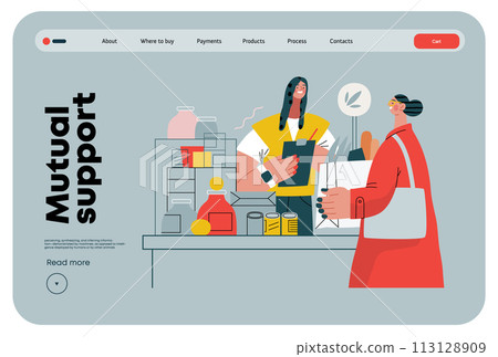 Mutual Support: Bringing groceries to food bank -modern flat vector concept illustration of people donating food to food pantry A metaphor of voluntary, collaborative exchanges of resource, services 113128909