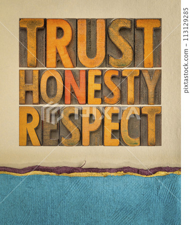 trust honesty and respect word abstract in vintage letterpress wood type on art paper, core values concept 113129285