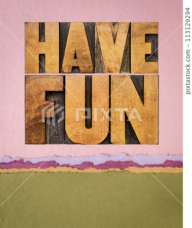 have fun word abstract - text in vintage letterpress wood type blocks on art paper poster have fun word abstract - text in vintage letterpress wood type blocks on art paper poster 113129294