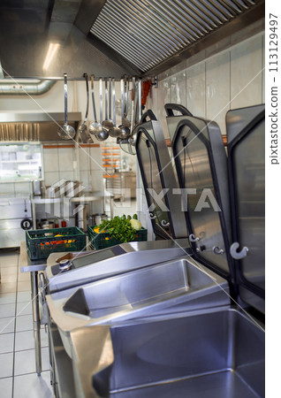 Industrial dishwasher in restaurant kitchen washing dishes Industrial dishwasher in restaurant kitchen washing dishes 113129497