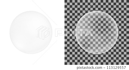 White bubble on transparent and white background. Inflated bubble gum shape. Element of soap foam, bath suds, cleanser liquid, sweet carbonated water. Vector realistic illustration 113129557