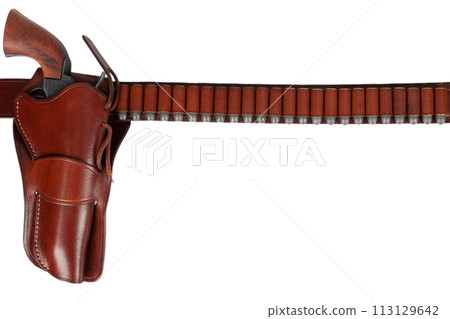 Old west leather gun belt with ammunition and revolver in holster Old west leather gun belt with ammunition and revolver in holster 113129642